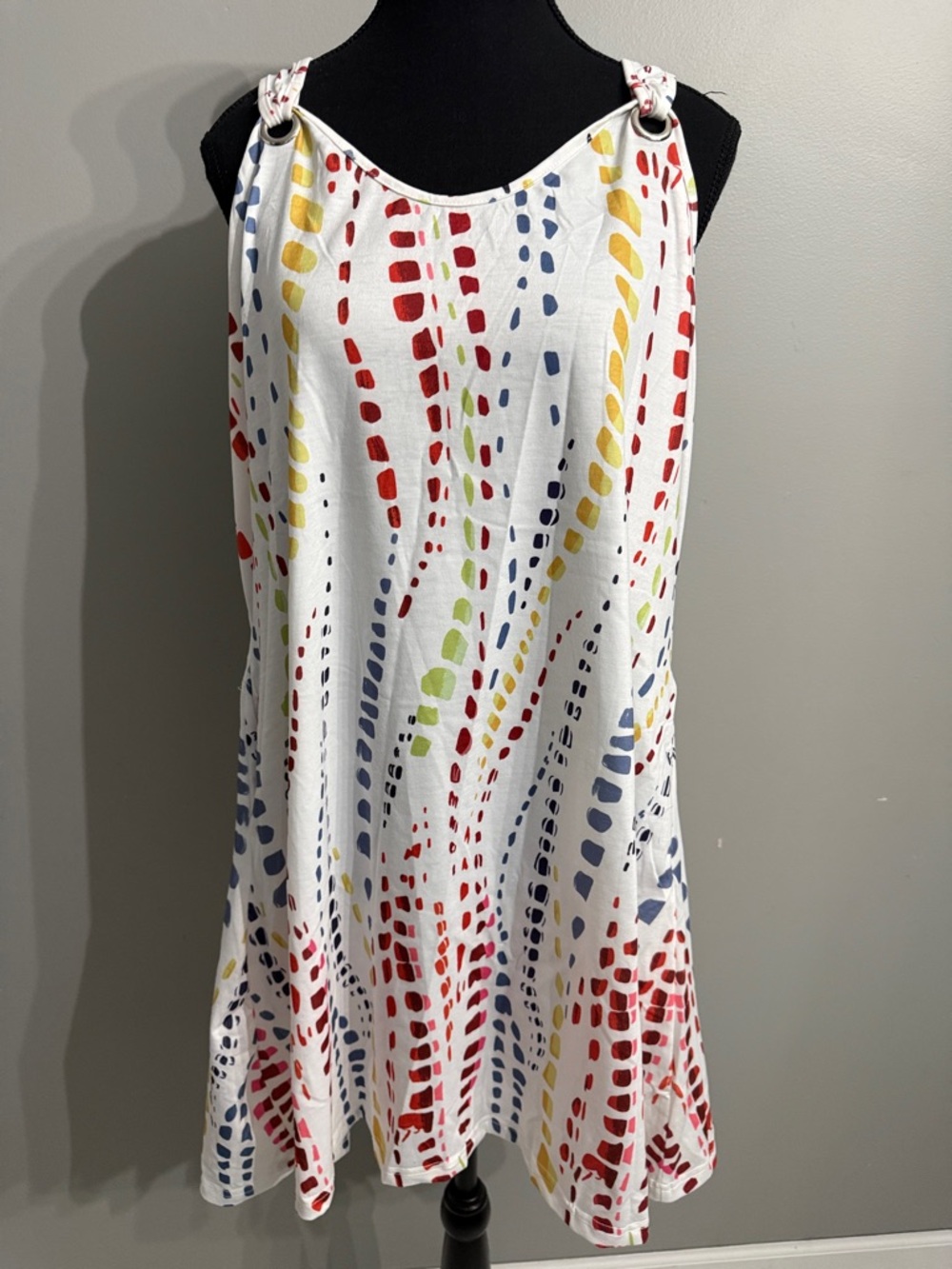 Sleeveless White Mini Dress with Multicolor Abstract Print